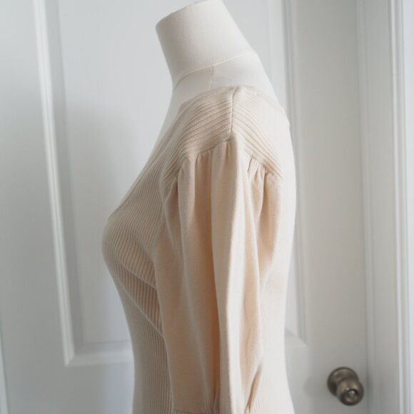 Free People Cream Long Puffed Striped Sleeve Ribbed Knit Sweater Sz Medium Boho - Picture 9 of 15